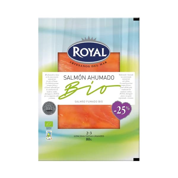 ROYAL Salmón ahumado ecológico con un 25% menos de sal 80 g. - 1 ud - Imagen del producto en Findit