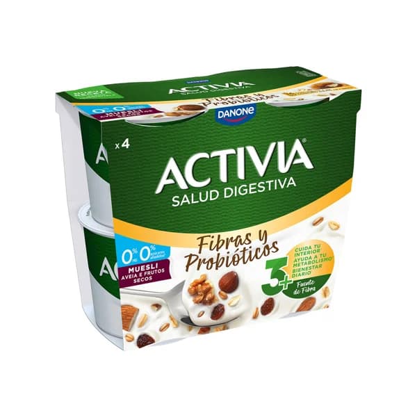 ACTIVIA Bífidus desnatado (0% materia grasa) y muesli (pasas, nueces, almendras y avellana) de Danone 4 x 120 g. - 0.46 kg - Imagen del producto en Findit