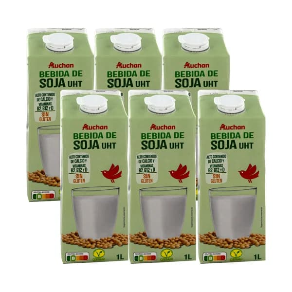 AUCHAN Bebida de soja sin gluten, enriquecida con calcio y vitaminas A y D 6 x 1l. Producto Alcampo - 6 l - Imagen del producto en Findit