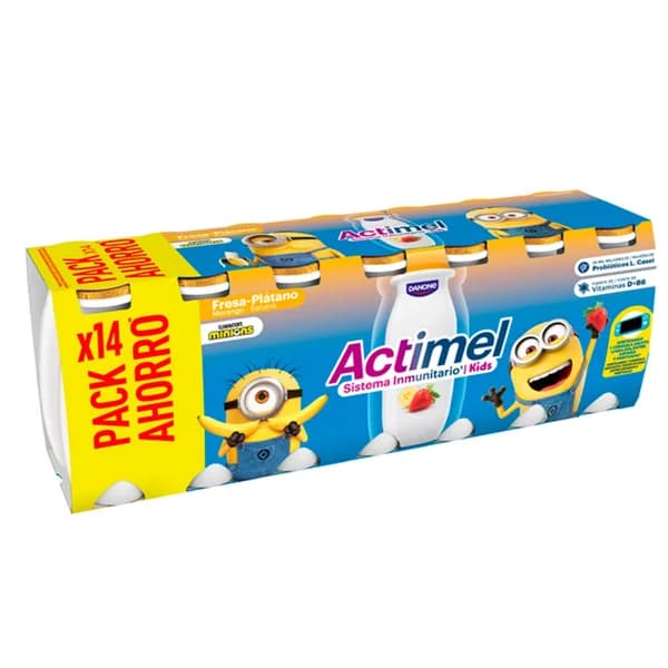 ACTIMEL Kids de Danone Leche fermentada con Lcasei y sabor a fresa y plátano 14 x 100 g. - 1.4 kg - Imagen del producto en Findit