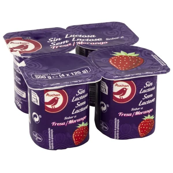 AUCHAN Yogur sin lactosa y con sabor a fresa 4 x 125 g. Producto Alcampo - 0.5 kg - Imagen del producto en Findit