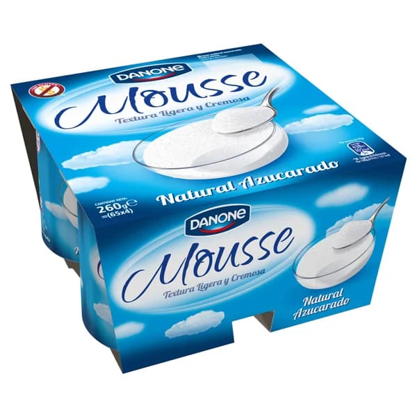 DANONE Mousse de yogur natural azucarado, elaborada sin gluten DANONE 4 x 65 g. - 0.26 kg - Imagen del producto en Findit