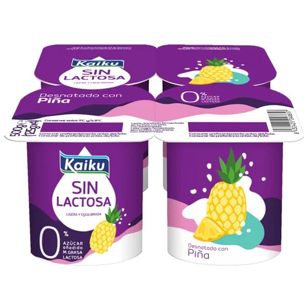 KAIKU Yogur desnatado 0% materia grasa, sin lactosa ni azúcares añadidos, con piña 4 x 125 g. - 0.5 kg - Imagen del producto en Findit