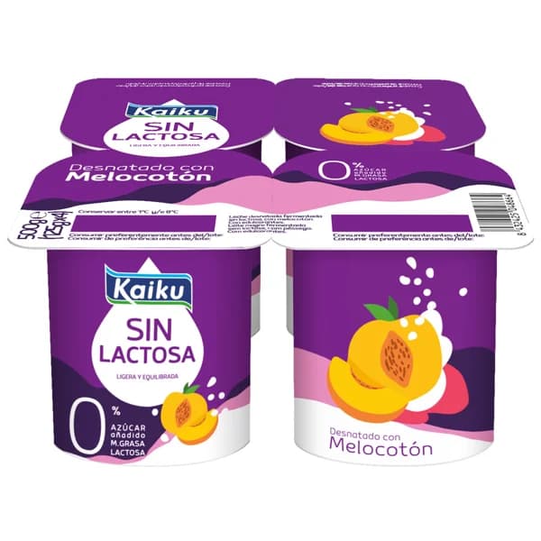 KAIKU Yogur desnatado 0% materia grasa, sin lactosa ni azúcares añadidos, con melocotón Sin lactosa 4 x 125 g. - 0.5 kg - Imagen del producto en Findit