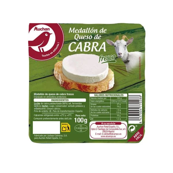 AUCHAN Queso de cabra (medallón) 100 g. Producto Alcampo - 0.1 kg - Imagen del producto en Findit
