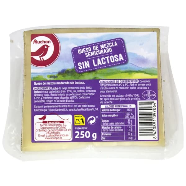 AUCHAN Queso semicurado cuña sin lactosa 250 g. Producto Alcampo - 0.25 kg - Imagen del producto en Findit