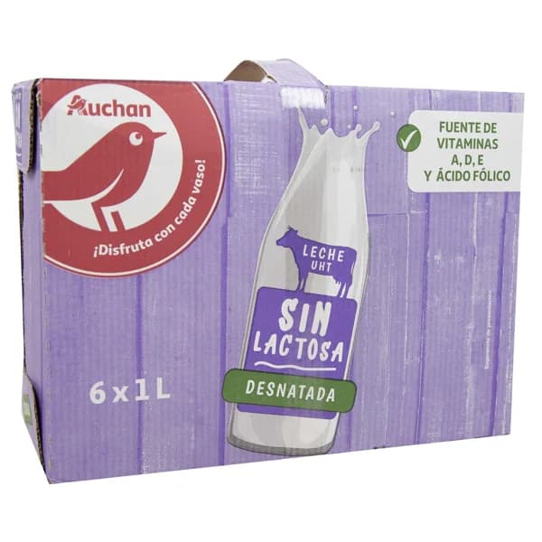 AUCHAN Leche desnatada de vaca, sin lactosa 6 x 1l. Producto Alcampo - 6 l - Imagen del producto en Findit