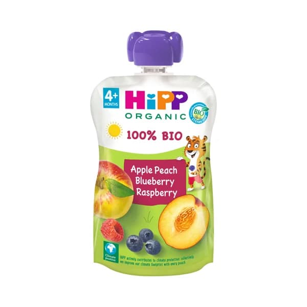 HIPP Organic Bolsita de fruta 100% ecológica (manzana, melocotón, frambuesa y arándano) a partir de 4 meses 100 g. - 0.1 kg - Imagen del producto en Findit