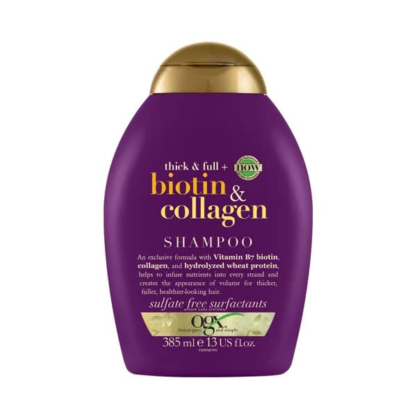 OGX Biotin & collagen Champú con Biotina, Vitamina B7, Colágeno y proteina de trigo, para cabellos finos o delgados 385 ml. - 0.39 l - Imagen del producto en Findit
