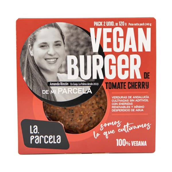 LA PARCELA Burger vegana a base de proteínas vegetales y tomate cherry asado LA PARCELA 2 x 120 g. - 0.24 kg - Imagen del producto en Findit