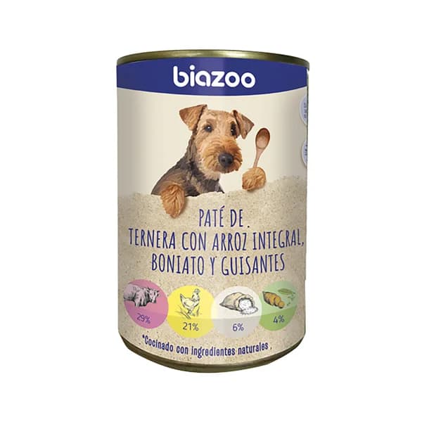 BIAZOO Alimentación para perro en lata con sabor a paté de ternera con arroz integral boniato y guisantes 395 g - 0.4 kg - Imagen del producto en Findit