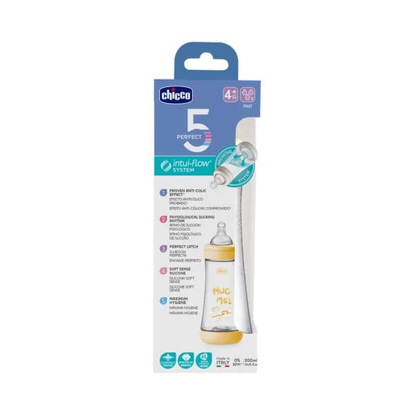 CHICCO Perfect 5 Biberón de 300 ml con tetina de silicona, flujo rápido y sistema anticólicos, a partir de 4 meses. - 1 ud - Imagen del producto en Findit