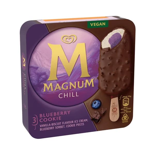 MAGNUM Chill Bombón helado vegetal de vainilla y sorbete de arádanos, recubierto de chocolate 3 x 90 ml. - 0.27 l - Imagen del producto en Findit