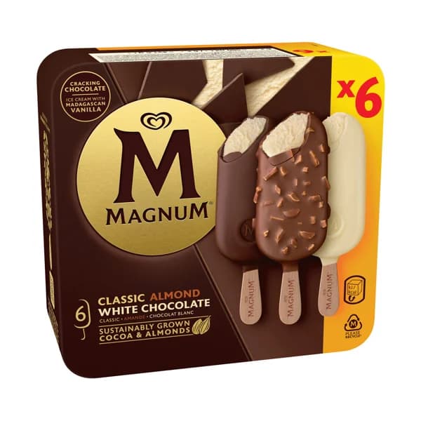 MAGNUN de Frigo Bombones helados de chocolate con leche (2), almendrado (2) y chocolate blanco (2) 6 x 100 ml. - 0.6 l - Imagen del producto en Findit