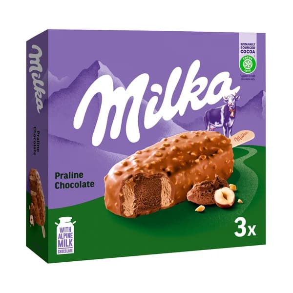 MILKA Bombón helado sabor avellana, con trocitos de avellana tostadas, recubierto chocolate con leche 3 x 90 ml. - 0.27 l - Imagen del producto en Findit