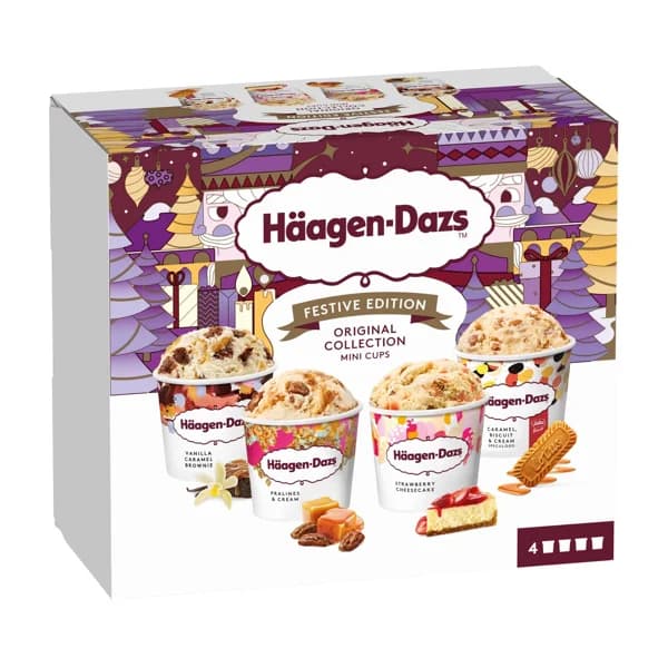 HÄAGEN-DAZS Festive edition Mini tarrinas de helados surtidos (vainilla, praline, caramleo con lotus y tarta de queso) 4 x 95 ml. - 0.38 l - Imagen del producto en Findit