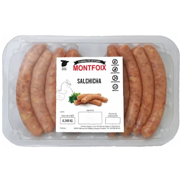 Bandeja con salchichas frescas de pollo de origen español MONTFOIX 240 g. - 0.24 kg - Imagen del producto en Findit