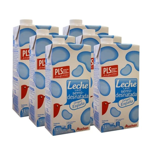 AUCHAN Leche semidesnatada de vaca 6 x 1l. Producto Alcampo - 6 l - Imagen del producto en Findit