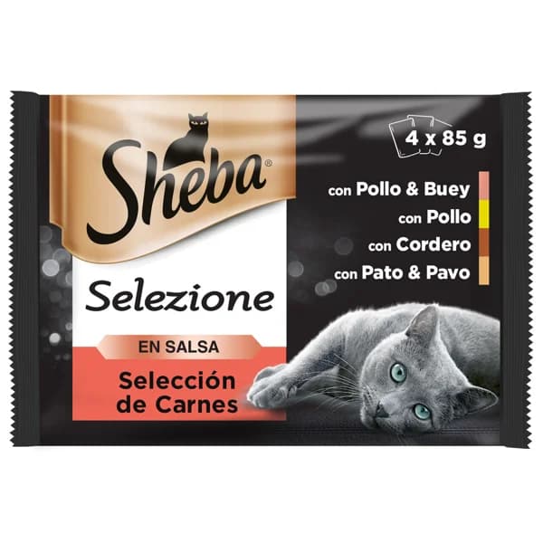 SHEBA Comida para gatos adultos a base de pollo, buey, conejo y pavo en salsa SHEBA 4 uds. 85 g. - 0.34 kg - Imagen del producto en Findit