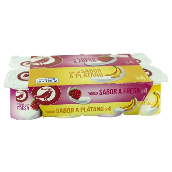 AUCHAN Yogur con sabores variados (4 de fresa y 4 de plátano) 8 x 125 g. Producto Alcampo - 1 kg - Imagen del producto en Findit