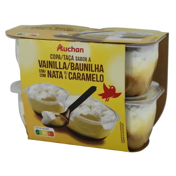 AUCHAN Copa sabor vainilla con caramelo y nata 4 x 115 g. Producto Alcampo - 0.46 kg - Imagen del producto en Findit