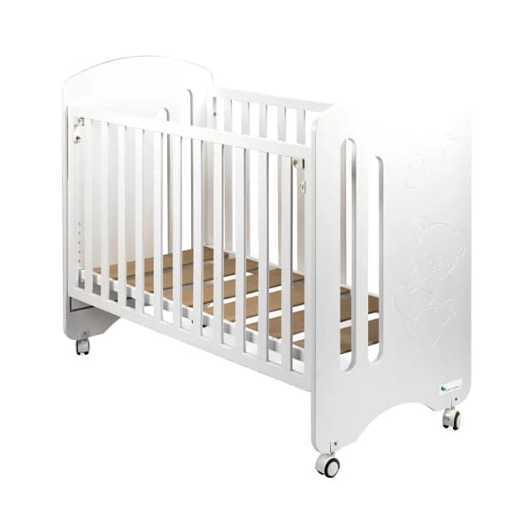 Cuna de madera de haya, 124x93x63cm, barandilla abatible, 4 ruedas, INTERBABY LOVELY PREMIUM, color blanco. - 1 ud - Imagen del producto en Findit