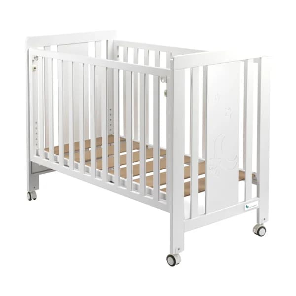 Cuna de madera de haya, 124x93x63cm, barandilla abatible, 4 ruedas, INTERBABY MOONET PREMIUM, color blanco. - 1 ud - Imagen del producto en Findit