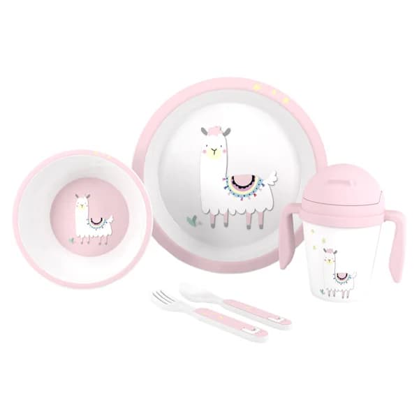 Vajilla de 5 piezas para bebé, apta para el microondas, INTERBABY Pink llama. - 1 ud - Imagen del producto en Findit