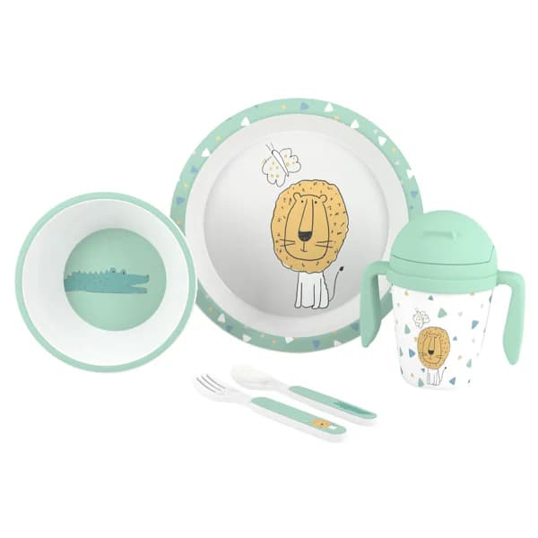 Vajilla de 5 piezas para bebé, apta para el microondas, INTERBABY Mint león. - 1 ud - Imagen del producto en Findit