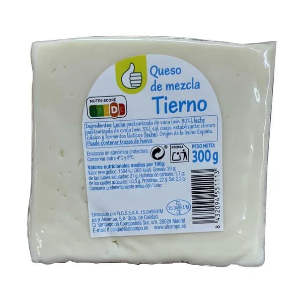 PRODUCTO ECONÓMICO ALCAMPO Queso mezcla tierno (vaca - oveja) 300 g. - 0.3 kg - Imagen del producto en Findit