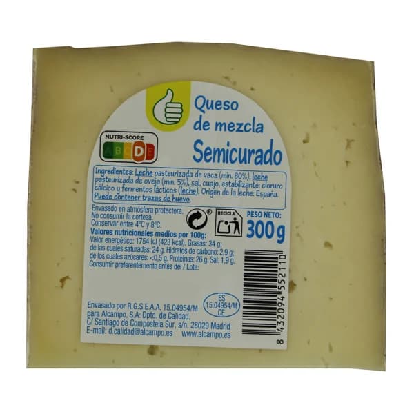 PRODUCTO ECONÓMICO ALCAMPO Queso mezcla semicurado PRODUCTO ECONÓMICO ALCAMPO 300 g. - 0.3 kg - Imagen del producto en Findit