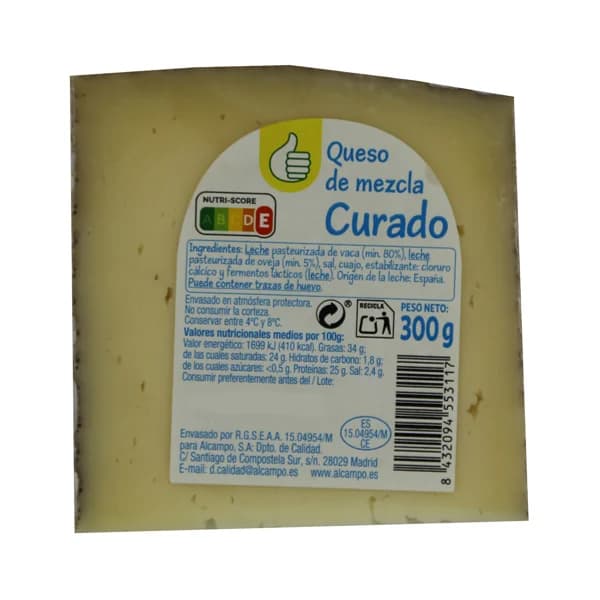 PRODUCTO ECONÓMICO ALCAMPO Queso mezcla curado PRODUCTO ECONÓMICO ALCAMPO 300 g. - 0.3 kg - Imagen del producto en Findit