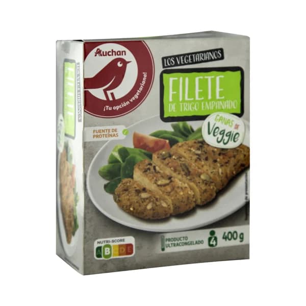 AUCHAN Escalope empanado y congelado a base de proteína de trigo 400 g. Producto Alcampo - 0.4 kg - Imagen del producto en Findit