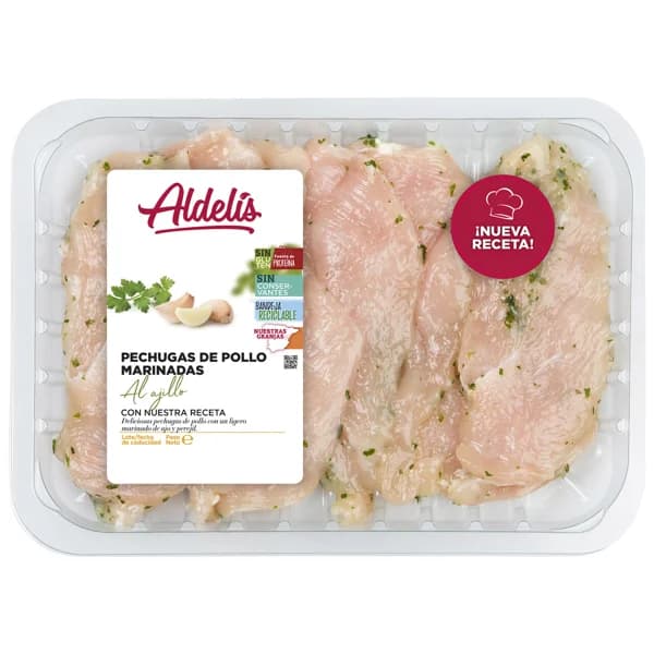 Bandeja con pechugas de pollo fileteadas y marinadas al ajillo (ajo y perejil) ALDELÍS - 0.32 kg - Imagen del producto en Findit