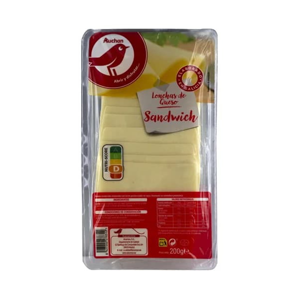 AUCHAN Queso de sándwich en lonchas elaborado en Galicia 200 g. Producto Alcampo - 0.2 kg - Imagen del producto en Findit
