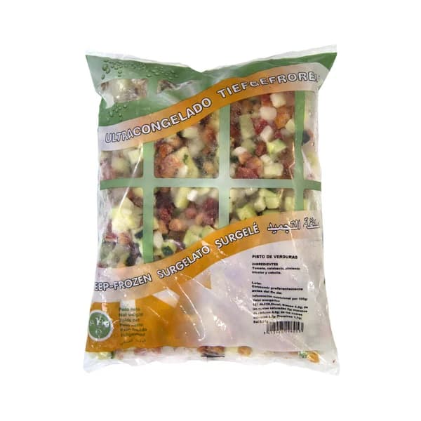 AUCHAN Pisto de verduras congelado (tomate, calabacín, pimiento tricolor y cebolla) 1 Kg. Producto Alcampo - 1 kg - Imagen del producto en Findit