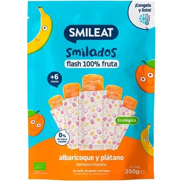 Smilado de albaricoque y plátano ecológico SMILEAT, pack 5x50 g - 0.25 kg - Imagen del producto en Findit