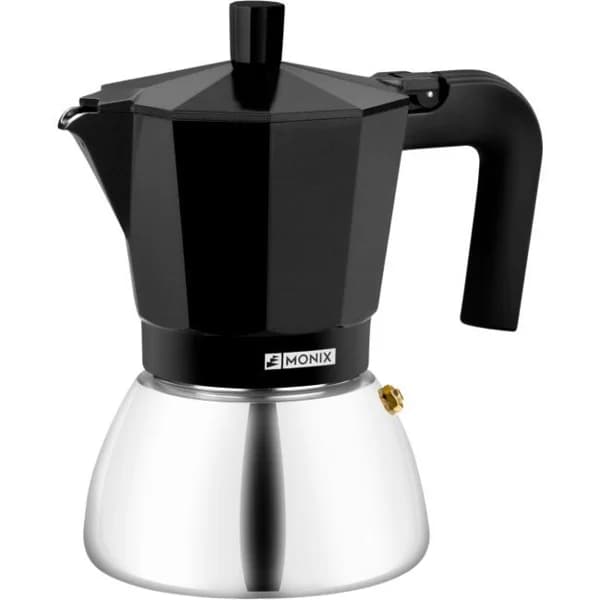Cafetera Italiana negra Induction inox, tecnologia Bi-clad, mango termoresistente, apta para todo tipo de cocinas MONIX, 9 tazas - 1 ud - Imagen del producto en Findit