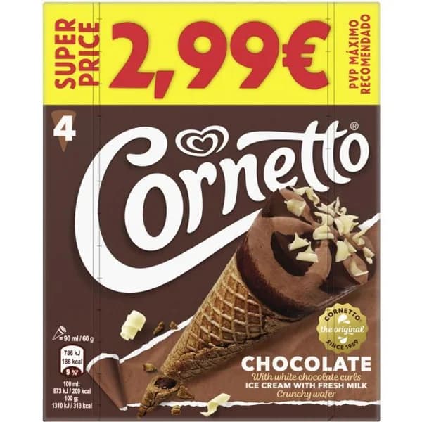 Helado Cono de chocolate con barquillo CORNETTO, pack 4x90 ml - 0.36 l - Imagen del producto en Findit