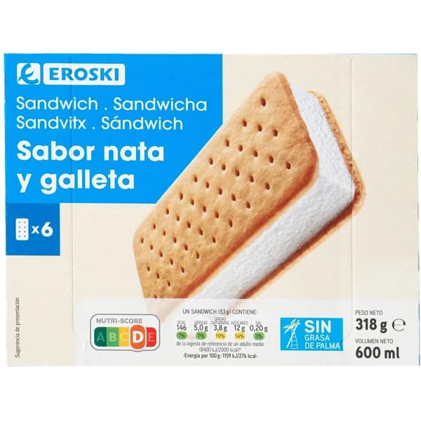 Helado sandwich de nata y galleta EROSKI, pack 6x100 ml - 0.6 l - Imagen del producto en Findit
