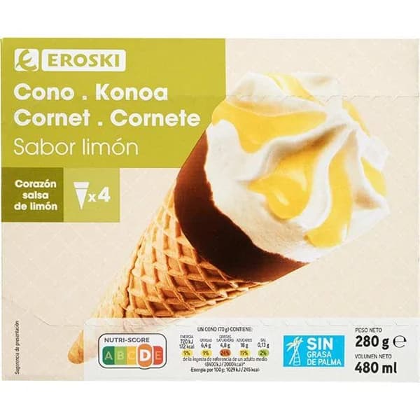 Cono grande de limón EROSKI, pack 4x120 ml - 0.48 l - Imagen del producto en Findit