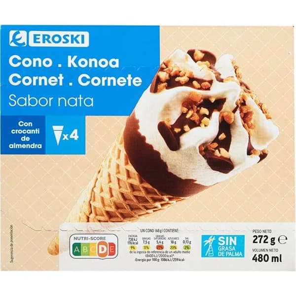 Cono grande de nata EROSKI, pack 4x120 ml - 0.48 l - Imagen del producto en Findit
