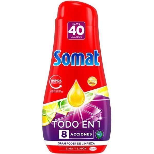 Lavavajillas gel de limón SOMAT TODO EN 1, botella 40 dosis - 40 ud - Imagen del producto en Findit