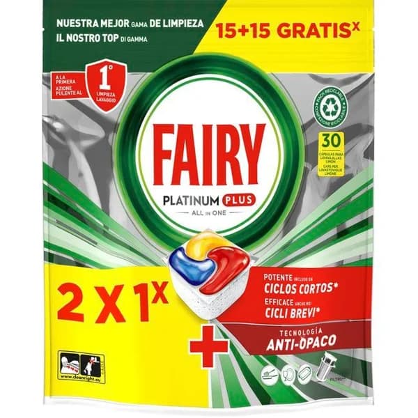 Lavavajillas máquina platinum plus FAIRY, bolsa 15+15 dosis - 15 ud - Imagen del producto en Findit