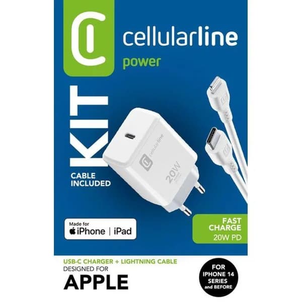 Cargador de red USB-C 20W y cable USB-C a Lightning, 100 cm, blanco CELLULAR LINE - 1 ud - Imagen del producto en Findit