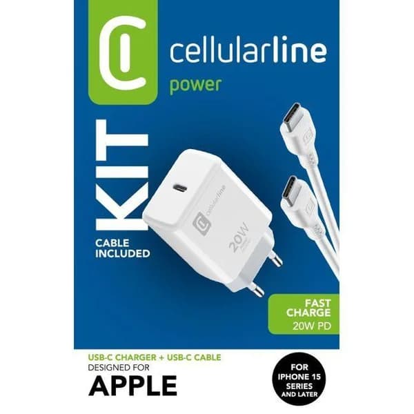 Kit Cargador de red USB-C 20W y cable USB-C a USB-C de 100cm, blanco CELLULAR LINE - 1 ud - Imagen del producto en Findit