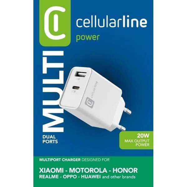 Cargador de red blanco, Multipuerto: USB-C de 20W y USB-A de 18W CELLULAR LINE - 1 ud - Imagen del producto en Findit