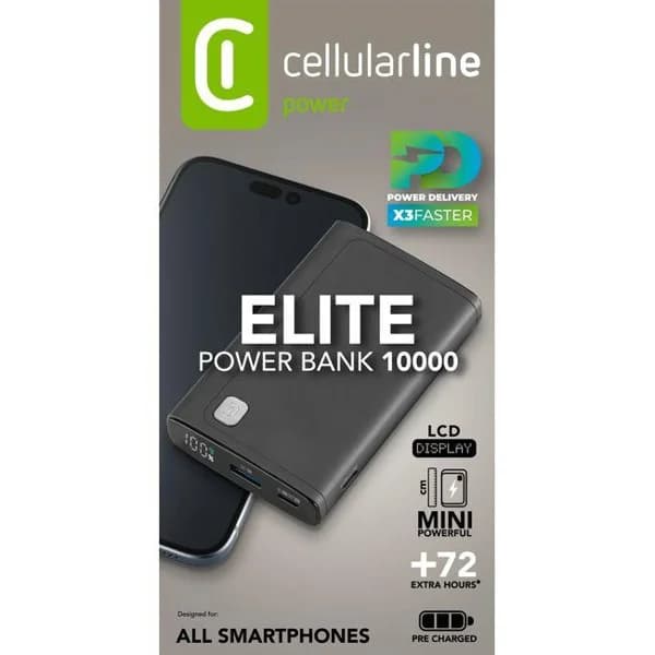 Batería externa negra, PowerbanK 10000 mAH, PBDISPL01PD10000K CELLULAR LINE - 1 ud - Imagen del producto en Findit