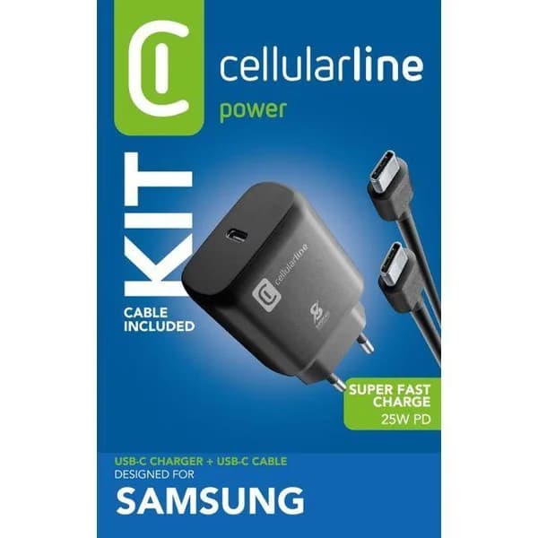 Kit Cargador de red USB-C 25W y cable USB-C a USB-C, 100 cm, negro CELLULAR LINE - 1 ud - Imagen del producto en Findit