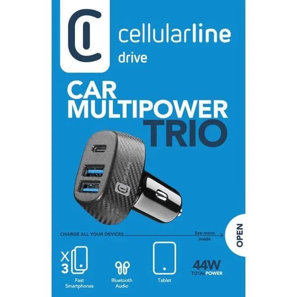 Cargador coche Multipower Trío negro: 2 USB-A y 1 USB-C, 44W, 12/24V CELLULAR LINE - 1 ud - Imagen del producto en Findit